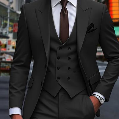 TEMU Men's High-end Flat Collar Three-piece Suit, Men's Large Size Suit Set With Pants And Vest, Suitable For Formal Wear, Wedding Dress, Work Clothes, Holiday Gifts Image