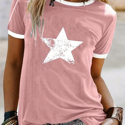 TEMU Women's Casual Short Sleeve T-shirt - Soft Rayon-spandex-polyester Blend, Relaxed Fit With Geometric , Breathable Summer Top, Machine Washable Image