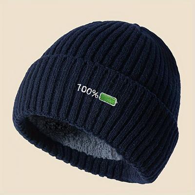 TEMU Embroidered Beanie - , 100% , Hat Fleece , Windproof Ribbed Skull Cap, For Image