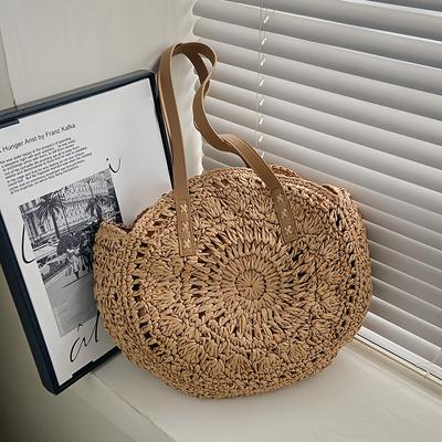 TEMU [rustic Charm] Women's Woven Straw Tote Bag | Large Capacity | Ethnic Style | Beige & | Zip Closure | Stylish Shoulder Handbag For Beach And Casual Use, Beach Bag Image