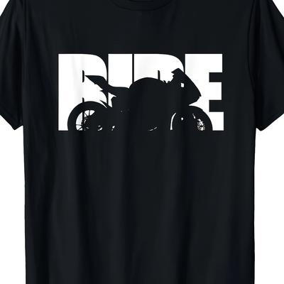 "TEMU Men' Cotton Motorcycle Rider T-shirt - Casual Crew Neck, Short Sleeve, Stretch Fabric, Machine Washable, , "ride" Graphic Design, | Print Shirt |" Image