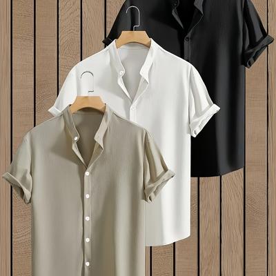 TEMU Men's Casual Collar Button Shirt Long Sleeve Solid Color, Very Suitable For Formal Office, Business And Leisure 3pcs Set Image
