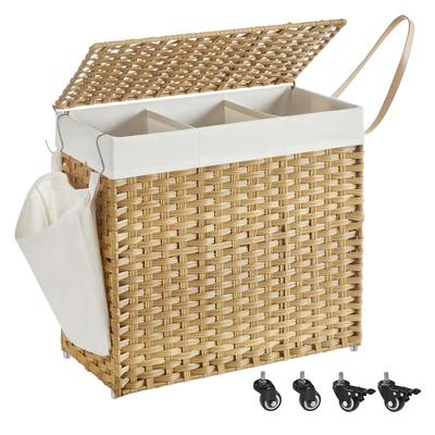 TEMU Slaundrybasketwithlid, 140l, Laundrycollector3compartments, Laundry Sorter With Wheels, Inrattanlook, Removablelaundrybag, Forlaundryroom, 66x33x66cl, Laundry Hampers Image