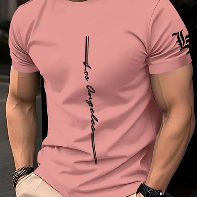 "TEMU Men' Pink Quick-dry Breathable Short Sleeve Crew Neck T-shirt With "los Angeles" Graphic Print - Outdoor Sports, Casual Fitness & Casual Attire" Image