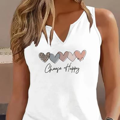 "TEMU Women's Sleeveless V-neck Tank Top - "change Happy" Heart Print, Casual Summer & Spring Top, Soft Polyester Blend, Machine Washable, White" Image