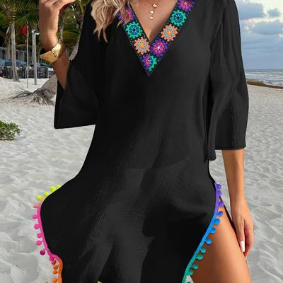 TEMU Women's Vibrant Floral Lace Trim V-neck Tunic Top With Short Sleeves - Casual Polyester Sarong For Spring/fall, Beach Coverup, Beach Coverup Top|vibrant |polyester Fabric Image