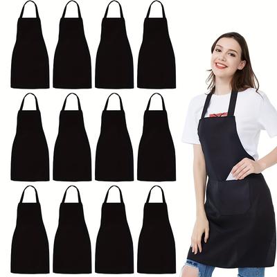 TEMU Bulk Pack Of Black Polyester Canvas Aprons With Front Pocket & Adjustable Neck Strap - Durable, Fabric For Kitchen, Bbq, Cooking, Art, Crafting, Kitchen Essentials | Professional Kitchen Wear Image