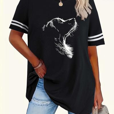 TEMU Cartoon Print Crew Neck Short Sleeve Striped T-shirt, Polyester, Stretch, Knit Fabric, 180g/m², 1-8xl, Casual, Image