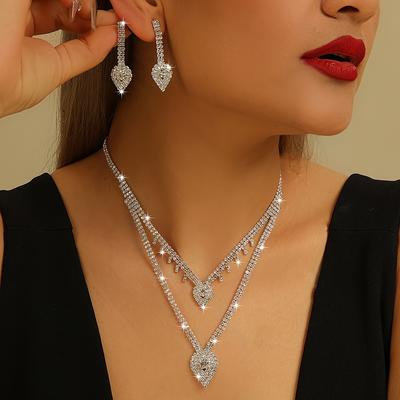 TEMU Handmade Jewelry Accessories 1 Pair Of Earrings 1 Necklace Elegant Jewelry Set Plated With Silver Inlaid With Shiny Suitable For Party, Ball Wedding, Gift Image
