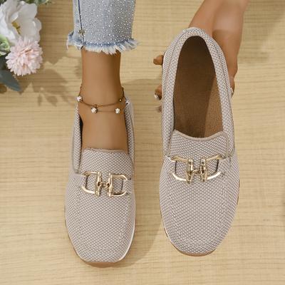 TEMU Women's Breathable Knit Slip-on Sneakers With Elegant Golden Metal Design - Lightweight Low-top Casual Shoes For Everyday , Beige, Comfortable | Sleek | Flexible Rubber Sole Image