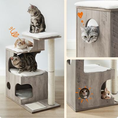 TEMU Feandrea Scratching Post, 86 Cm High Cat Tree, Chipboard Cat Scratching Post, With Cave, Lying Areas, And Sisal Scratching Mat, Washable Plush Cushions Image