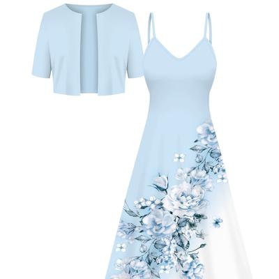 TEMU Two-piece Ensemble Featuring A Stylish Cardigan Jacket And A Floral Print Dress With Suspenders. Image