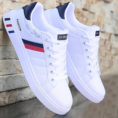 TEMU Men's Low-top Skate Sneakers - White & Red Accents, Lace-up Closure, Comfortable Fabric Insole, Durable Pvc Sole, Round Toe Design For Casual Wear Image