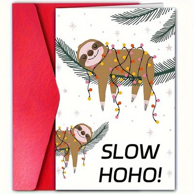 "TEMU Christmas Sloth Greeting Card With Envelope, Personalized For Anyone - Unique "slow Hoho" Design, Ideal For Family, , Colleagues - Lazy Animal Theme (1-pack)" Image