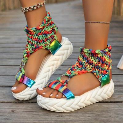 TEMU Women's Summer Casual Thick Sole Sandals - Breathable Fabric Upper With Drawstring Closure, Open-toe For Beach, Poolside & Outdoor Activities Image