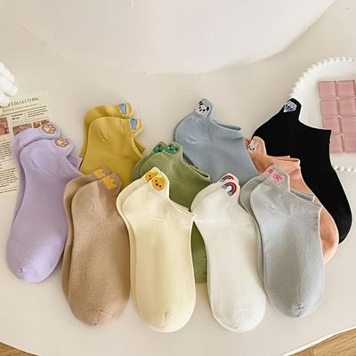 TEMU 10 Pairs Of Women's Plain Seasonal Casual Socks With Small Animal Embroidery Image