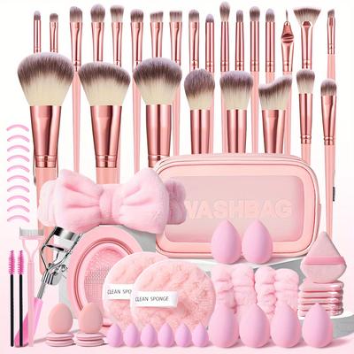TEMU Pink 70pcs Multi Functional Makeup Tool Set With Makeup Brush Set, Washbag, Powder , Makeup Sponges, Headband, Makeup Remover Puff Image