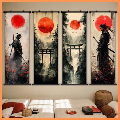 TEMU 4pcs Set Of Japanese Canvas Art Prints - High- Ink Wash Art Poster, Suitable For Living Room, Bedroom, Home Office, Elegant Indoor/outdoor Scroll Painting, An Ideal Gift . Image
