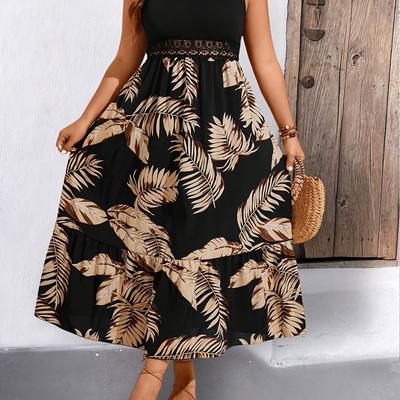 TEMU 1pc Of Women's Plus Size Tropical Printed Lace Round Neck Design Dress Image