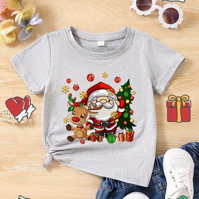 TEMU Baby Girls Kids Summer Short Sleeve Cartoon Elk Santa Claus Print T-shirt Christmas Image