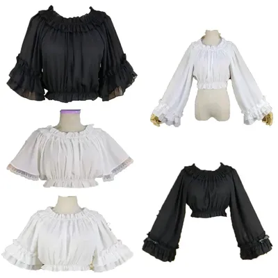 Vintage Halloween Mittelalter Damen Shirt Weiß Lolita Viktorianisch Renaissance Steampunk Gothic Bluse Damen Dress Up Party Spitze Top Image