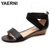 Yaerniplus Größe 34-42 neue Echt leder Damen Sandalen Keile Low Heel Sommer Freizeit schuhe schwarz