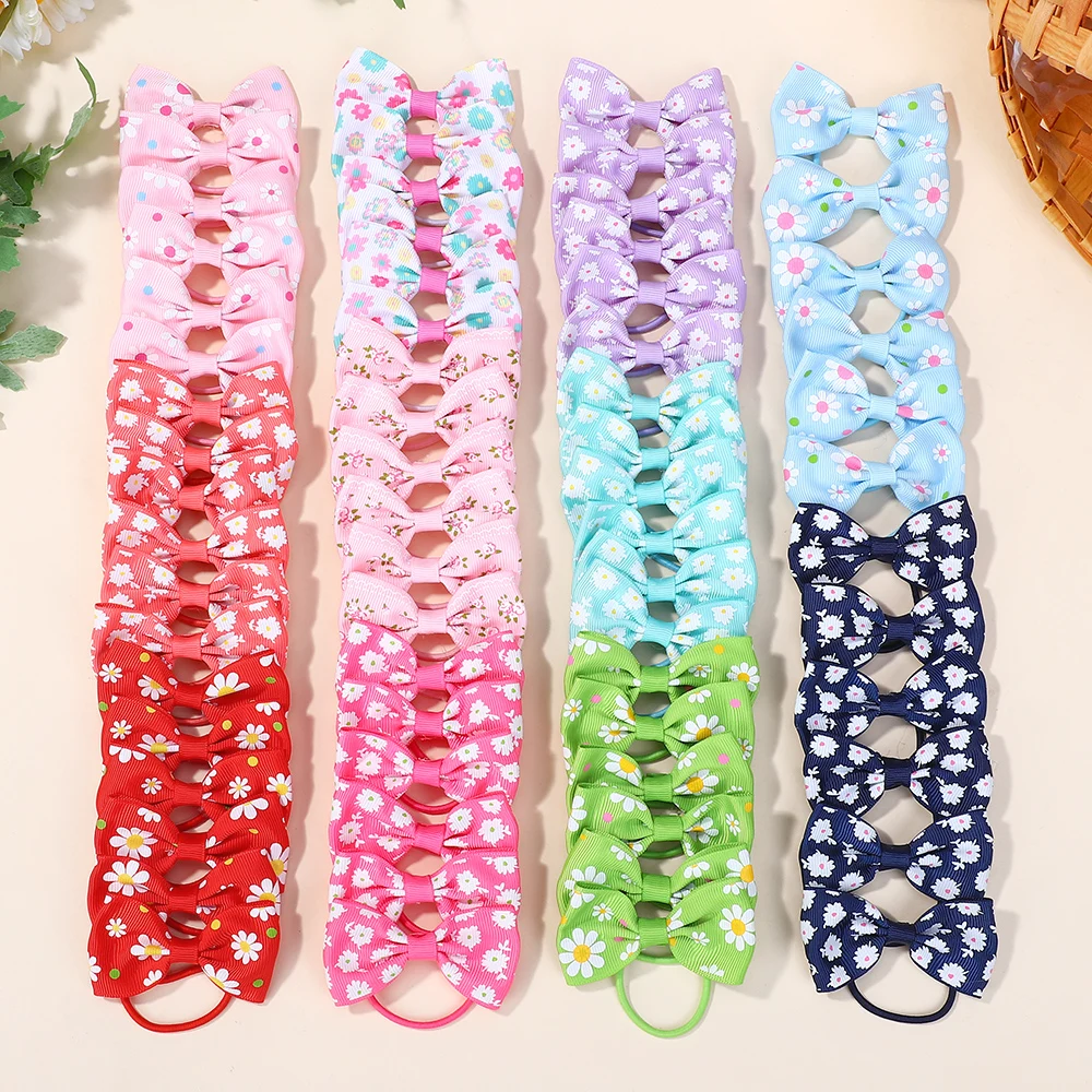80pcs Random Color Print Ribbon Elastic Hair Bands Baby Kids Girls Colorful Handmade Bowknot Hairbands Children Hair Accessories Image