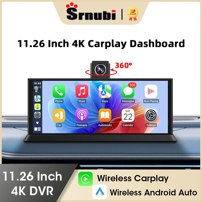 11,26 Zoll 4K Dash Cam Carplay & Android Auto Car DVR 360 ° Rotation Dual Lens Dashcam LKW Kamera GPS WIFI FM BT Drive Recorder Image
