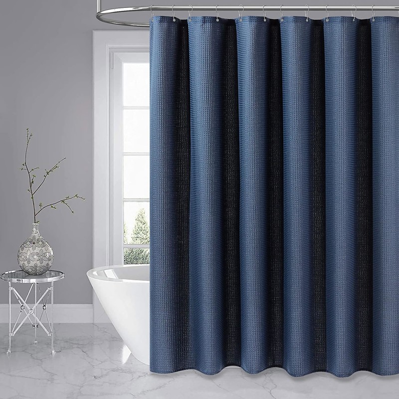 Fabric Shower Curtain Waffle Textured Heavy Duty Cloth Curtains for Bathroom, Hotel Spa Luxury Weighted Polyester Bath Curtain Set with 12 Plastic Hooks