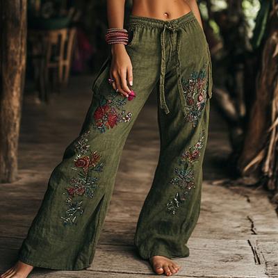 Women's Wide Leg Slacks Boho Full Length Natural Flower Pocket Printing Elastic Drawstring Design Comfy Outdoor Vacation Weekend Green Summer Regular Fit