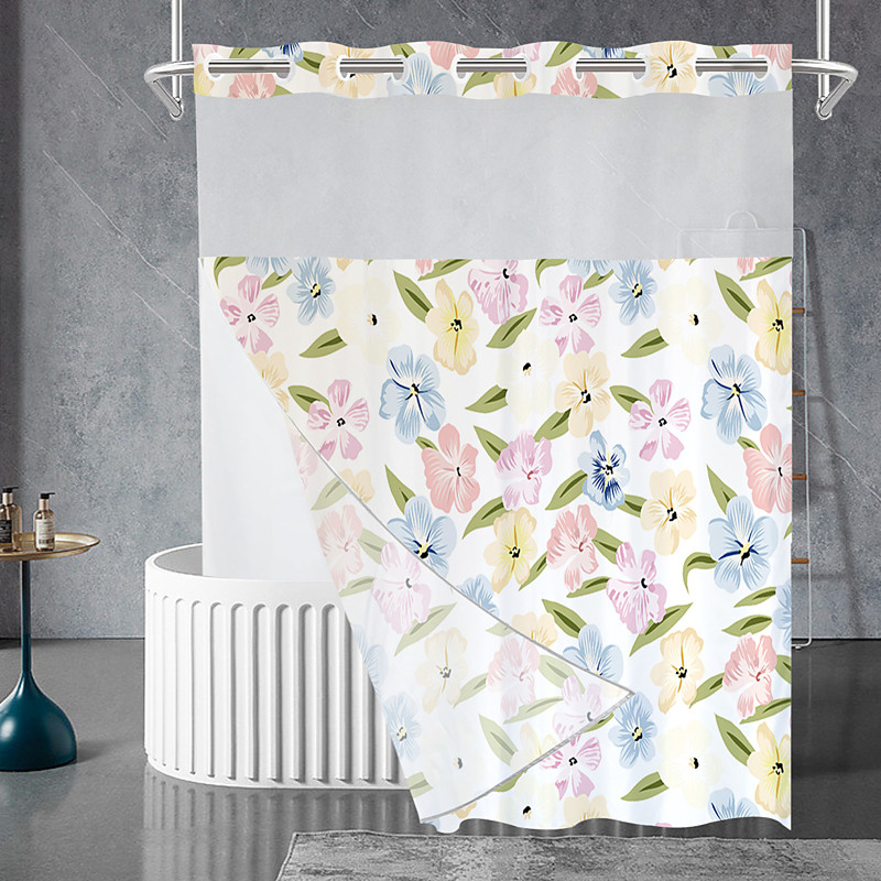 No Hook Shower Curtains 180cm180cm(7070), Floral Extra Long Bathtub Curtains with Snap in Liner, Botanical Flowers Waterproof Washable Fabric Bathroom Shower Curtain Sets