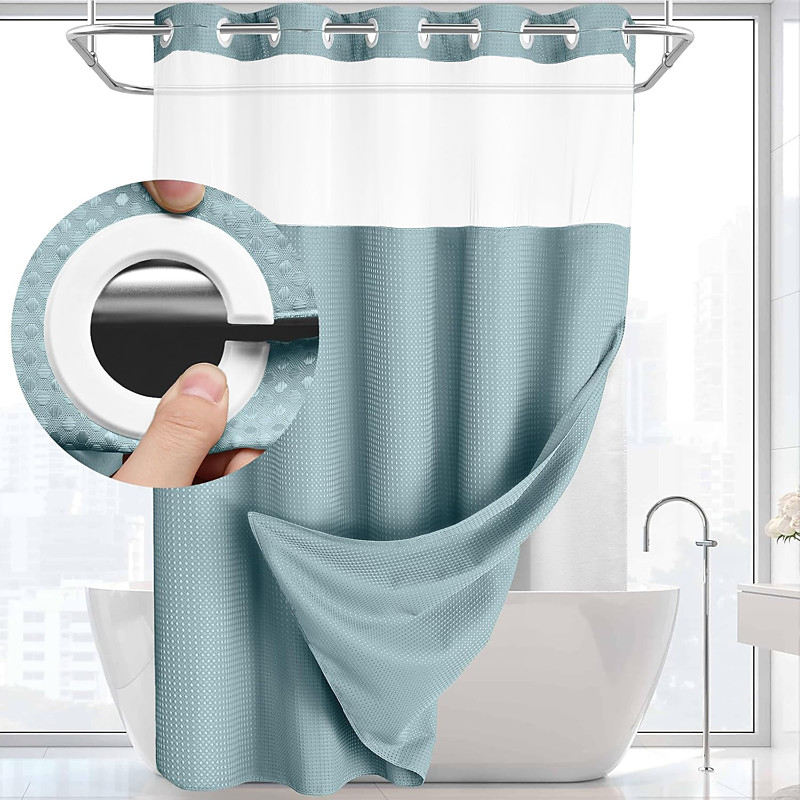 Waffle Weave Shower Curtain 180cm180cm(7070) with Snap-in Fabric Liner Set, Solid Colored Hotel Style for Bathroom with Mesh Top Window