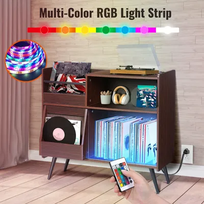 Large Vinyl Record Storage Cabinet with Built-in Outlets & LED Lights, Solid Wood Media Console