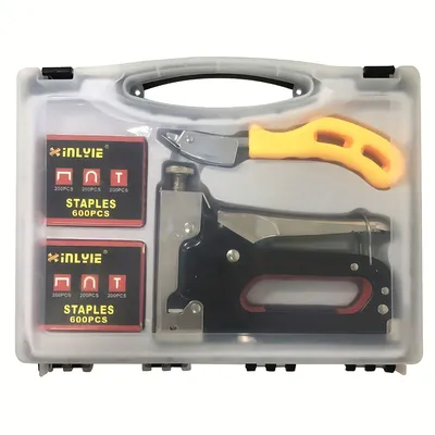 1pc Upholstery 4 in 1 Staple Gun Heavy Duty, with 1200 Staples, Remover, Gloves, Manual Power