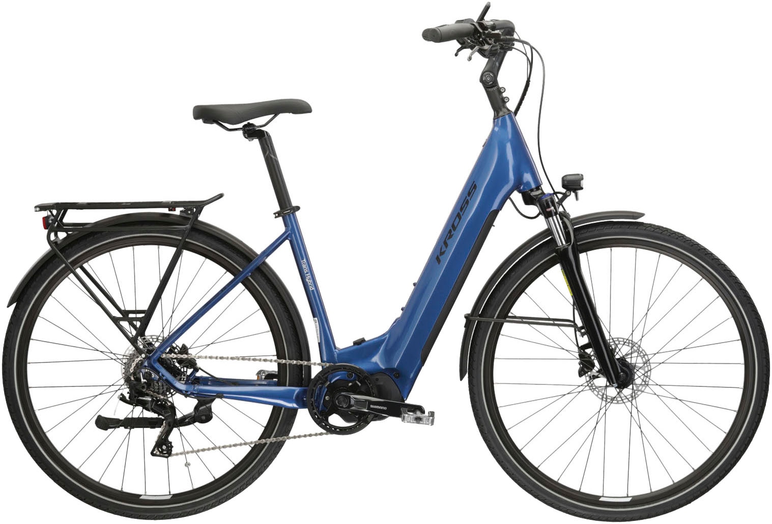 E-Bike KROSS "E-Trekkingrad Trans Hybrid LS 3.0 28 Zoll blau" Gr. 56, blau (blau, schwarz), Elektrofahrräder, 56cm, 28 Zoll (71,12cm), Pedelec, Elektrofahrrad für Damen und Herren Image