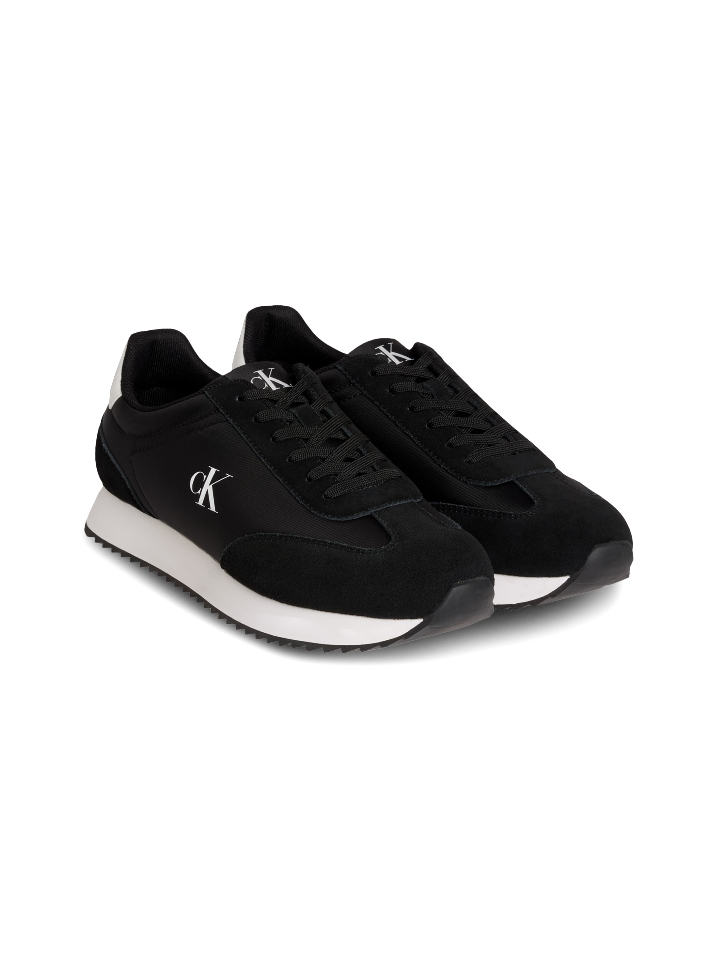 Sneaker CALVIN KLEIN JEANS "RETRO RUNNER LACE UP NY-SU", Herren, Gr. 44, schwarz-weiß (schwarz, weiß), Leder, unifarben mit Farbeinsatz, Schuhe Sneaker, Freizeitschuh, Halbschuh, Schnürschuh mit seitlichem CK-Logo
