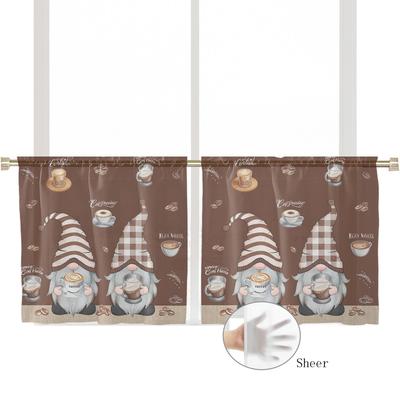 TEMU 2pcs Vintage Coffee Gnome Sheer Curtain Set, Rod Pocket Decorative Drapes, Semi-transparent Small Curtains, Suitable For Living Room Kitchen Bedroom Bathroom Coffee Bar Home Decoration, Gift Image