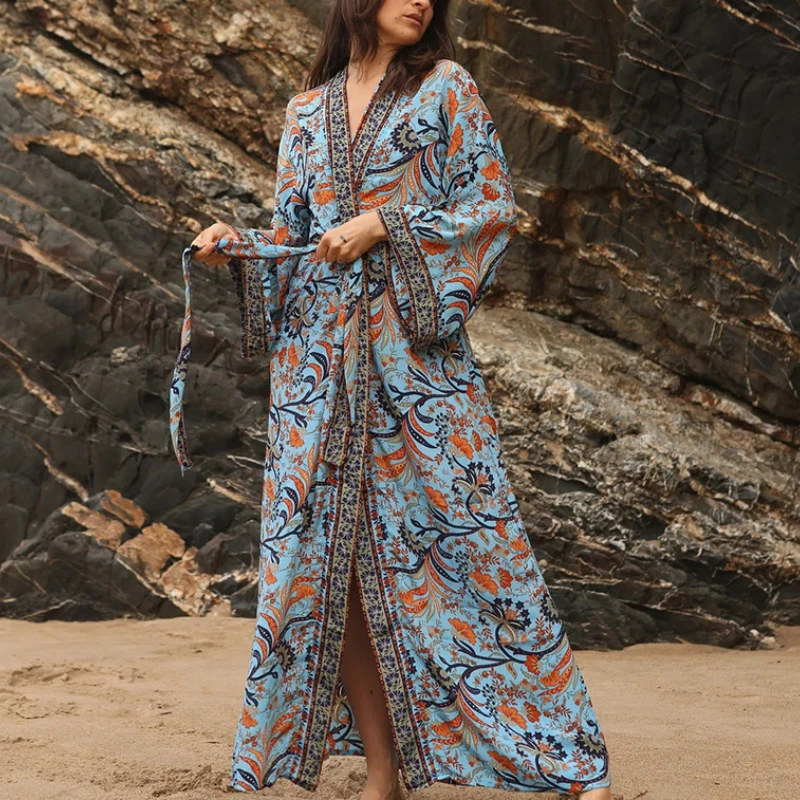 Baumwolle Rayon Cover-up Kimono Sommer Kleid Frauen Robe Für Strand Outfits Boho Bikini Cover Up Vestidos Lose Oversize lange Blusas Image