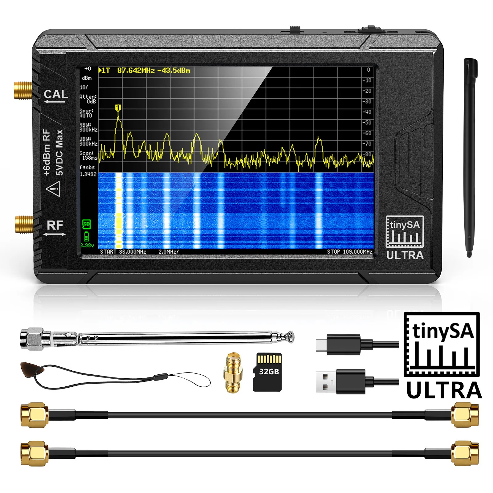 Neuer tragbarer Tiny-Spektrumanalysator TinySA ULTRA 4-Zoll-Display 100 kHz bis 5,3 GHz mit 32 GB Kartenversion V0.4.5.1 Netzwerk intern Image