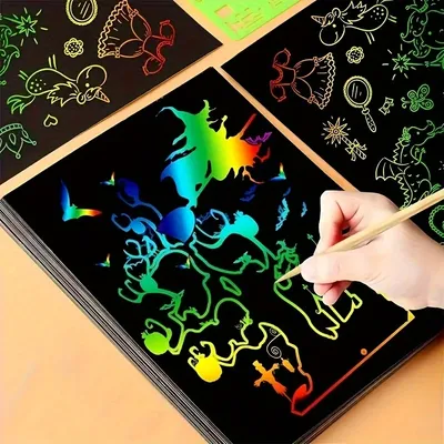 50 Blatt magisches Kratzpapier + 5 Bambusstifte, Kratz-Regenbogen-Kunstpapier-Kratzset, Image