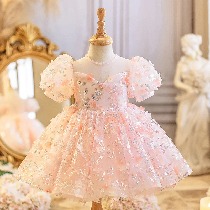 Rosa Baby Kinder Prinzessin Tüll Schleife Pailletten Blumenmädchen Kleid Kinder Erstkommunion Kleid Ballkleid Hochzeit Party Kleid Geburtstag Image