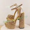 Gold Nieten Glitter Plattform Sandalen Frauen High Block Heels Sommer Punk Metall Aufkleber Schuhe