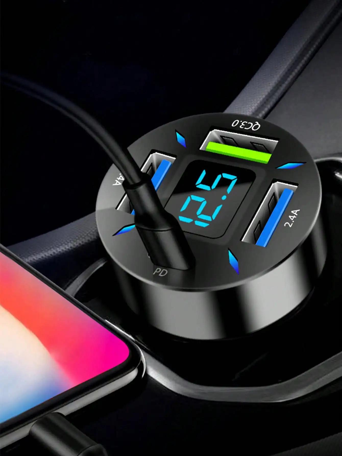 4 in 1 66 W PD QC3.0 Autoladegerät 12 V-24 V USB-Autoladegerät-Buchse, ultraschnelle Digitalanzeige, Telefon-Lade-Netzteil-Steckdose Image