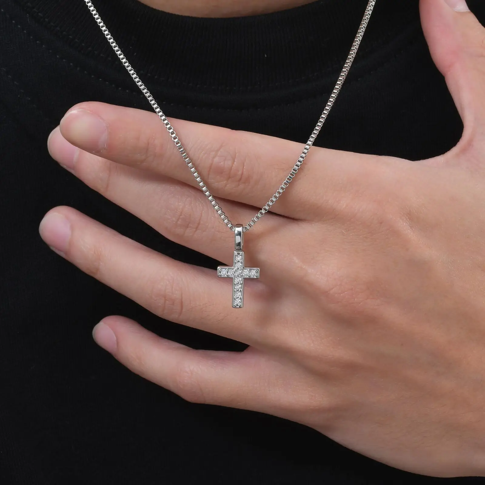 Punk-Halskette mit kleinem Kreuz für Männer und Jungen, Hip-Hop-Anhänger-Halskette mit 50 cm quadratischer Box-Kette aus Edelstahl, Geschenke Image