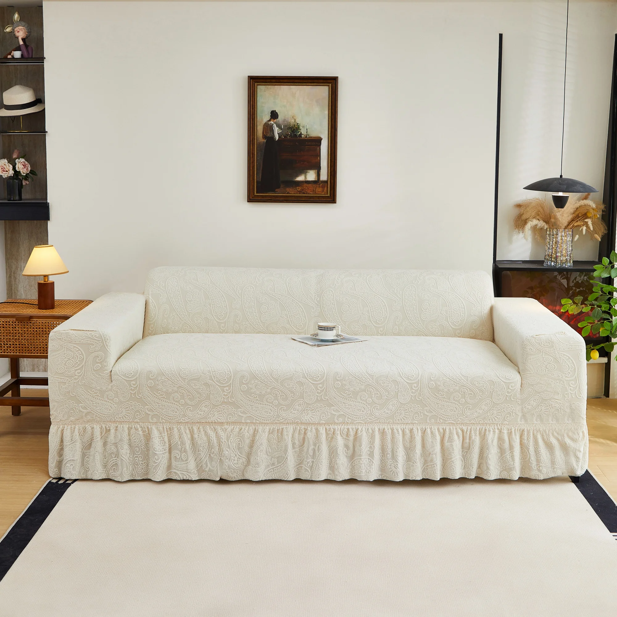 Eleganter, elastischer Jacquard-Sofabezug mit Rüschenrock, weich und hautfreundlich für Wohnzimmer/Schlafzimmer Image