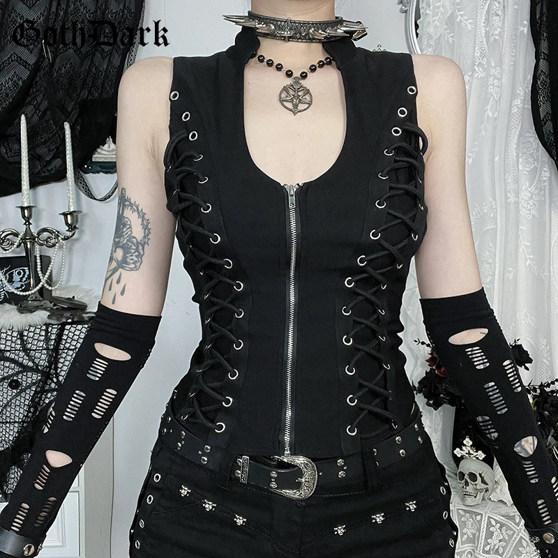 Goth Dark Punk Ärmelloses Corn-Bandage-Tanktop für Damen, schicke Streetwear, schmale Reißverschluss-Weste, Gothic Techwear, Sommer-Mode-T-Shirt Image