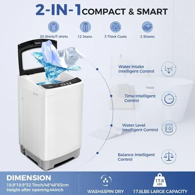 Portable Washing Machine Full Automatic Washer Machine with 10 Programs and 8 Water Levels Small