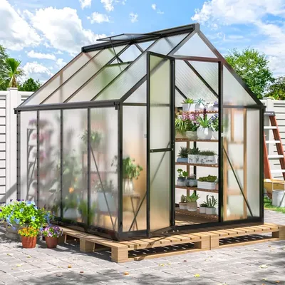 6'x7' Outdoor Greenhouse, Walk-in Polycarbonate Green House with Aluminum Frame for Backyard, Black