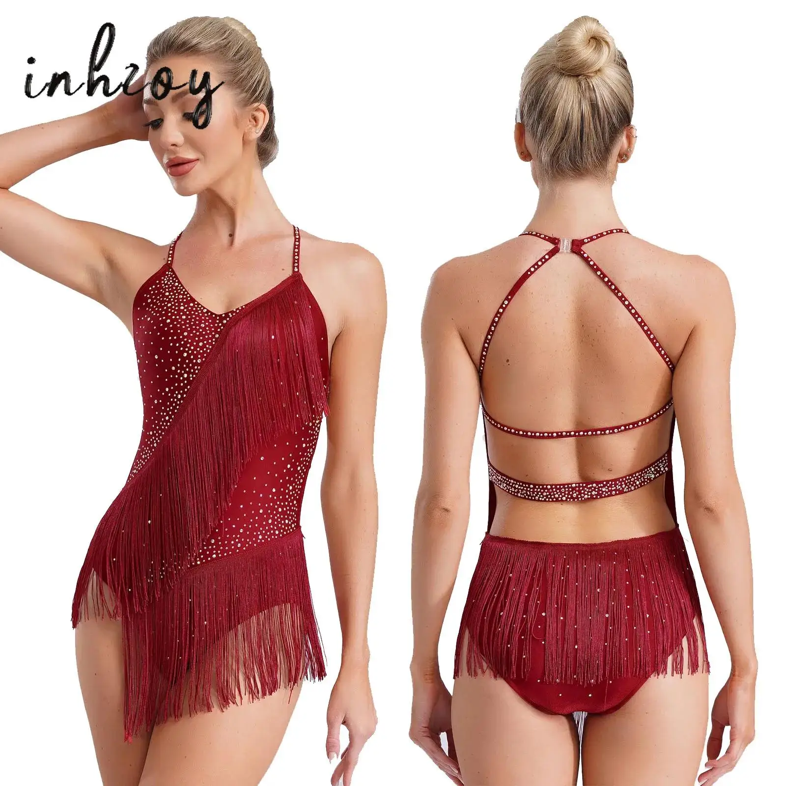 Costume da donna con nappe da ballo latino, body senza maniche con frange di strass, sala da ballo, tango, cha, rumba, samba