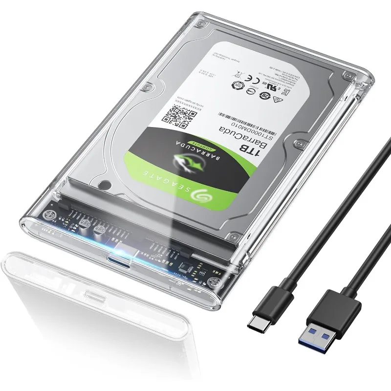 Boîtier de disque dur externe 2.5 pouces, 6Gbps USB C 3.1 Gen 2 vers SATA 3, boîtier de disque dur externe transparent sans outil pour disque dur SSD 9.5mm